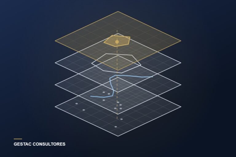 Cuatro capas territoriales superpuestas en perspectiva: base territorial, hidrografía, límite urbano y el polígono de un proyecto